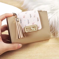 women solid color tassel short wallets female metal leaves zipper hasp coin purses ladies two fold card holder clutch money clip