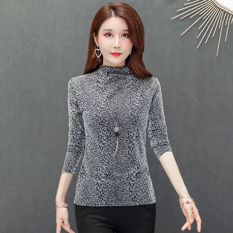 

Женская осенне-зимняя Облегающая водолазка с леопардовым принтом и длинным рукавом