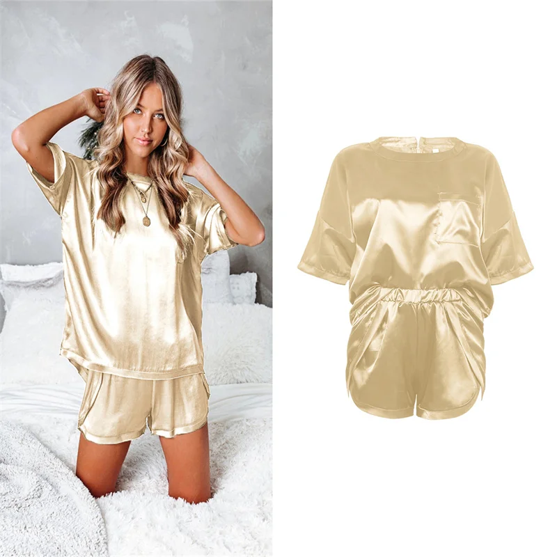 

Women Casual 2Pcs Nightwear Set Female Sleepwear Sleep Suit Solid Color Short Sleeve Tops + Shorts Sets Adult Summer Home Wear