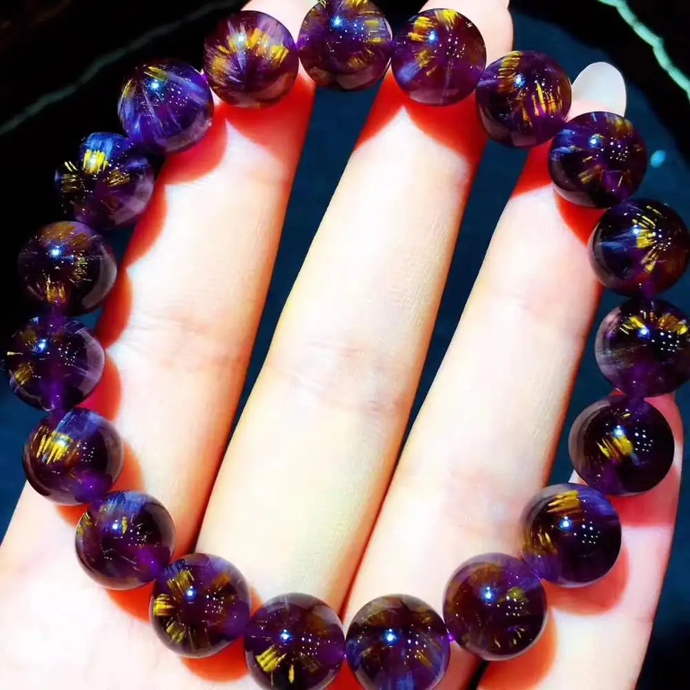 Натуральный какоксенит фиолетовый золотой рутилированный кварцевый браслет 10