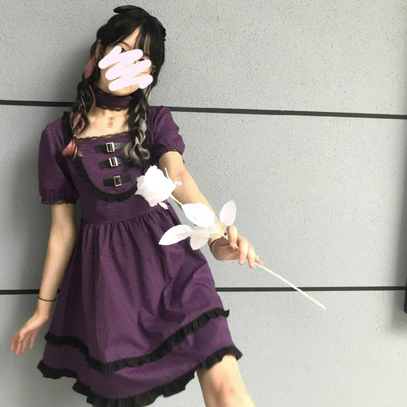 Летнее женское платье в стиле Харадзюку с квадратным вырезом пуговицами и