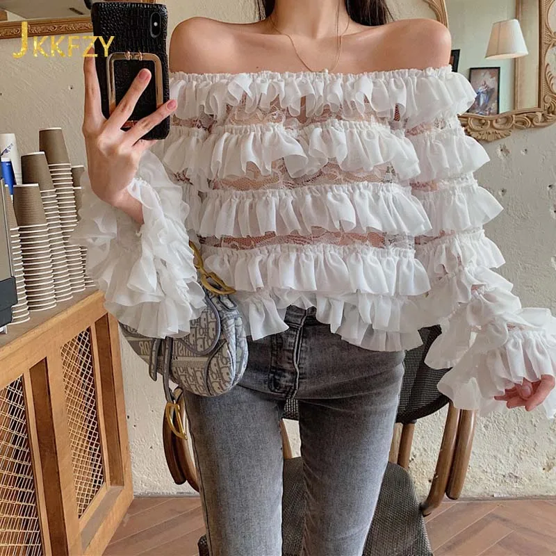 

Spring Summer Sexy Long Sleeve Ruffle Sweet Chiffon Splicing Lace Shirt Women Fashion Design Femme Chemise White Black