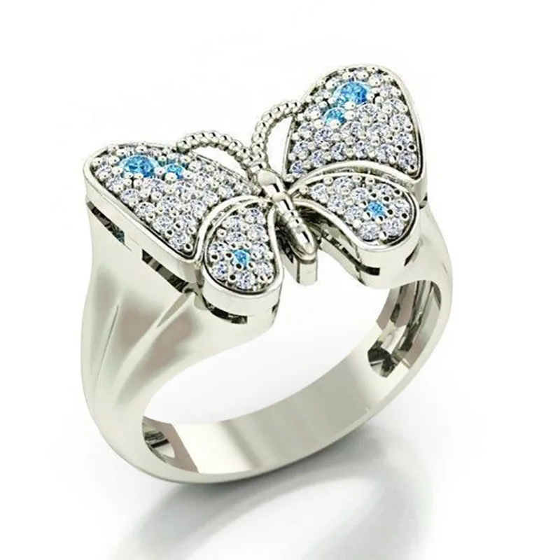 

Trendy Silver Color Lovely Butterfly Insect Crystal Zircon Rhinestone Female Metal Ring for Women Party Jewelry