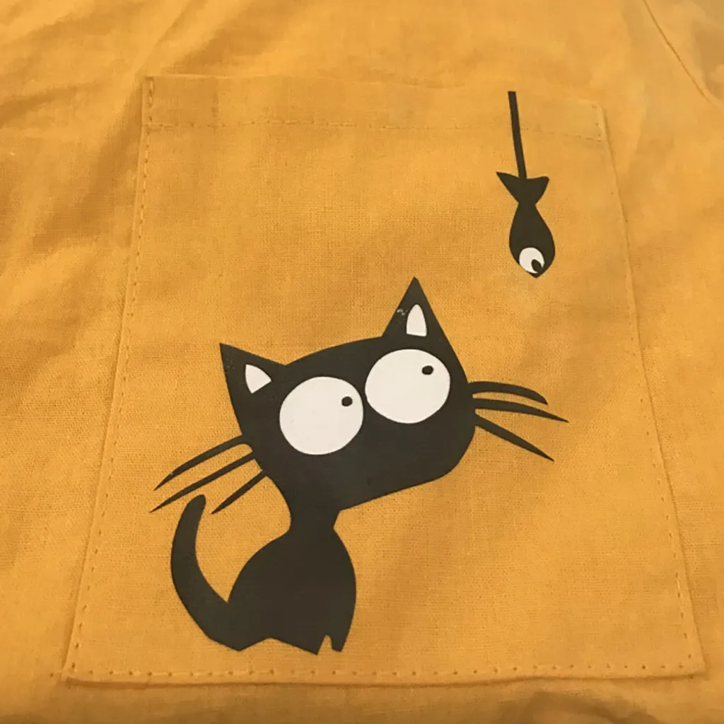 Женская хлопковая блузка с рыбками принтом забавного кота на пуговицах длинным