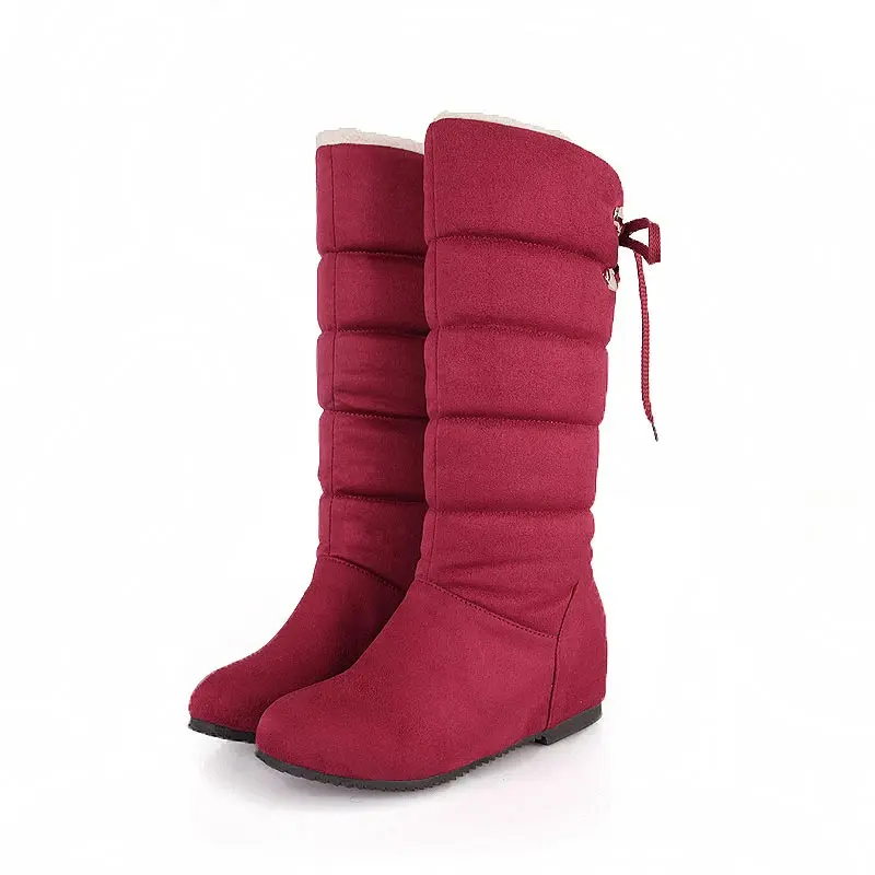 Wine Red Женские зимние ботинки г. Новинка, однотонные теплые бархатные зимние ботинки женская обувь пикантная обувь до середины икры на шнуровке женские ботинки - Цвет: Wine Red