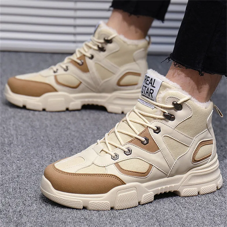 beige LIN KING/мужские зимние ботильоны размера плюс, теплые кроссовки, сохраняющие тепло, зимние ботинки на шнуровке для мужчин и взрослых, теплые короткие плюшевые полуботинки - Цвет: beige