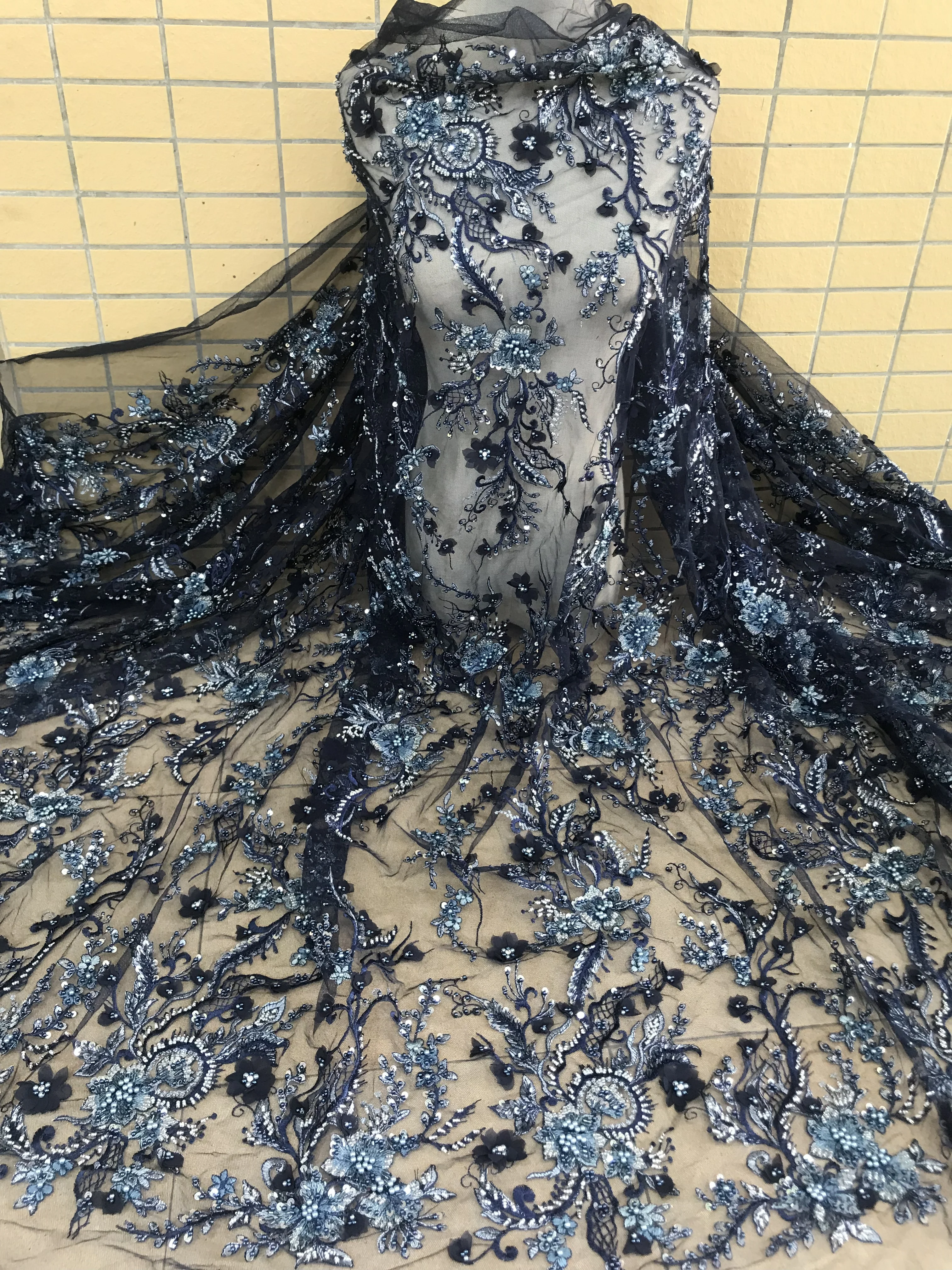 

French Nigerian Sequins African Net Tulle Mesh beaded Lace SYJ-726810 Fabric 5yards/lot High Quality for Wedding Dress
