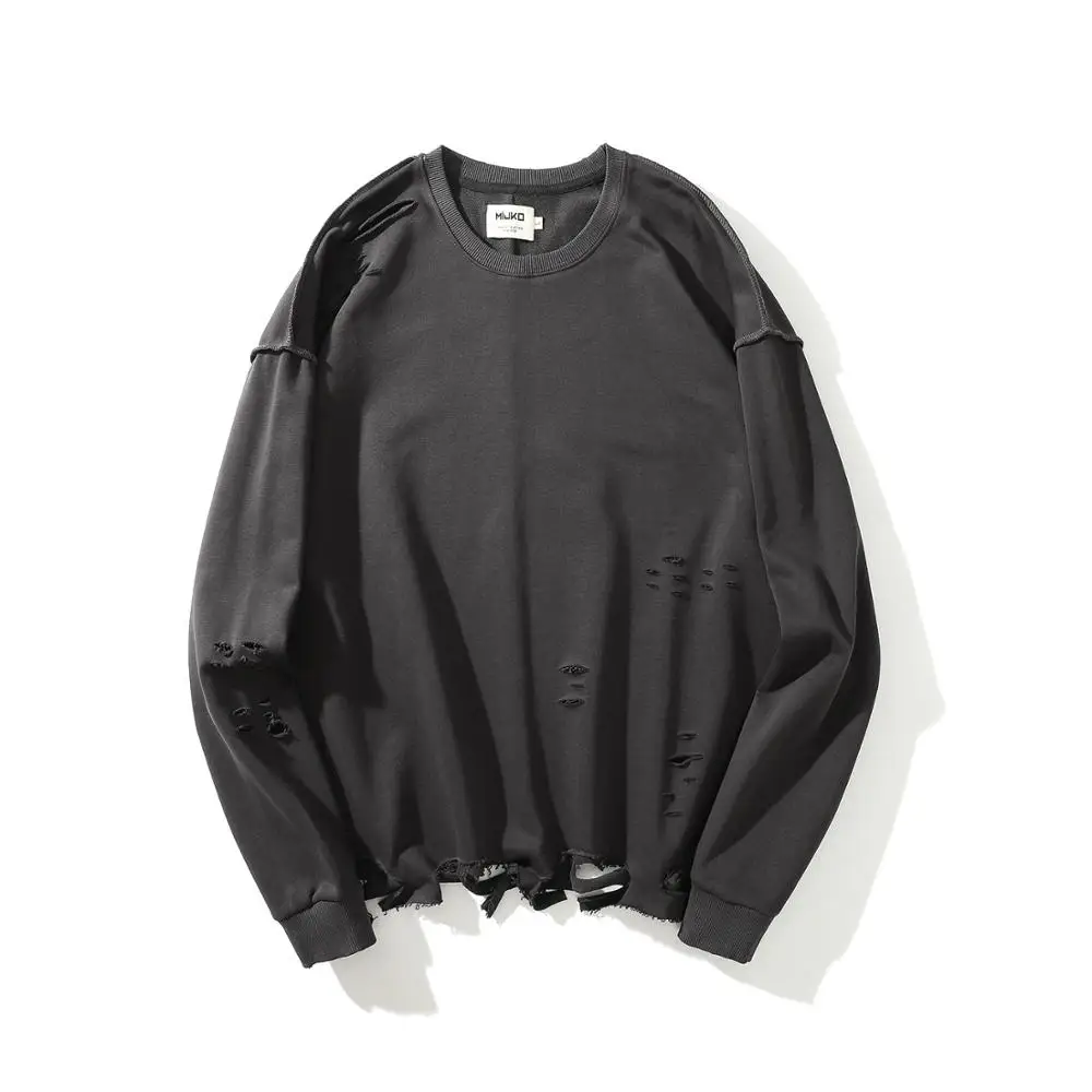 Хлопковая простая зимняя толстовка с капюшоном потертостями и дырками в стиле