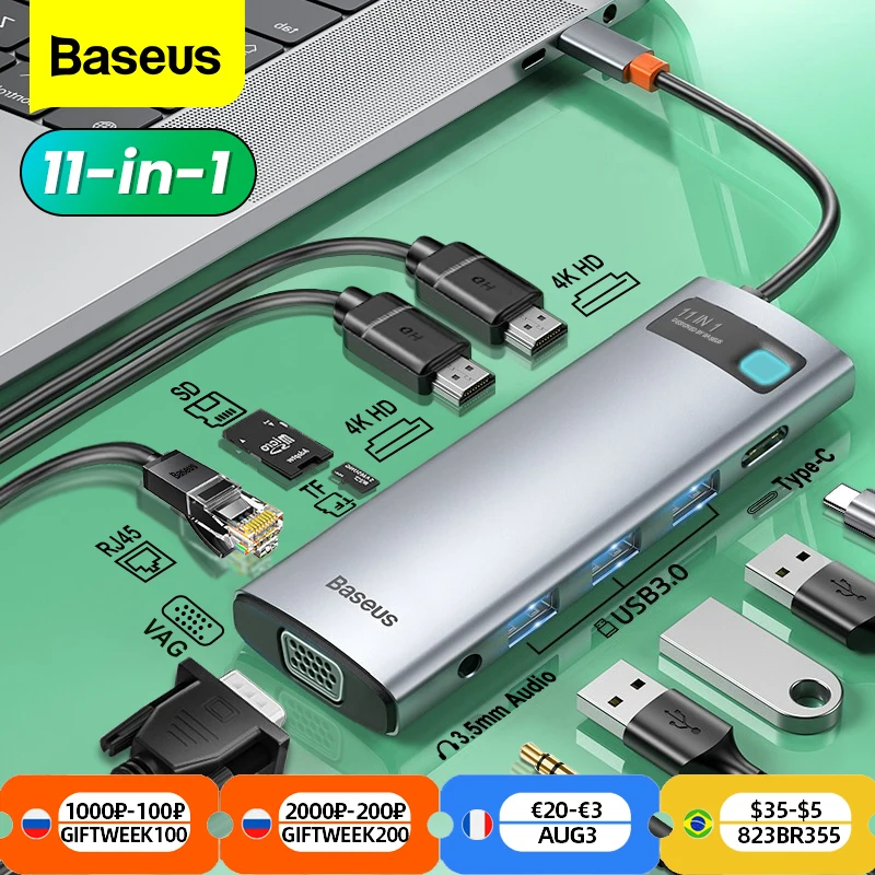 Разветвитель док станции Baseus USB Type C концентратор к HDMI RJ45 устройство для чтения SD