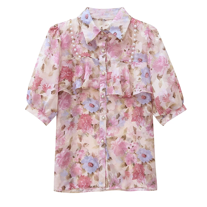 

Ladies Tops Chiffon Short Sleeve 2021 Summer New Ruffled stitching Pearl floral Chiffon Blouse Shirts Fashion Clothes 986B