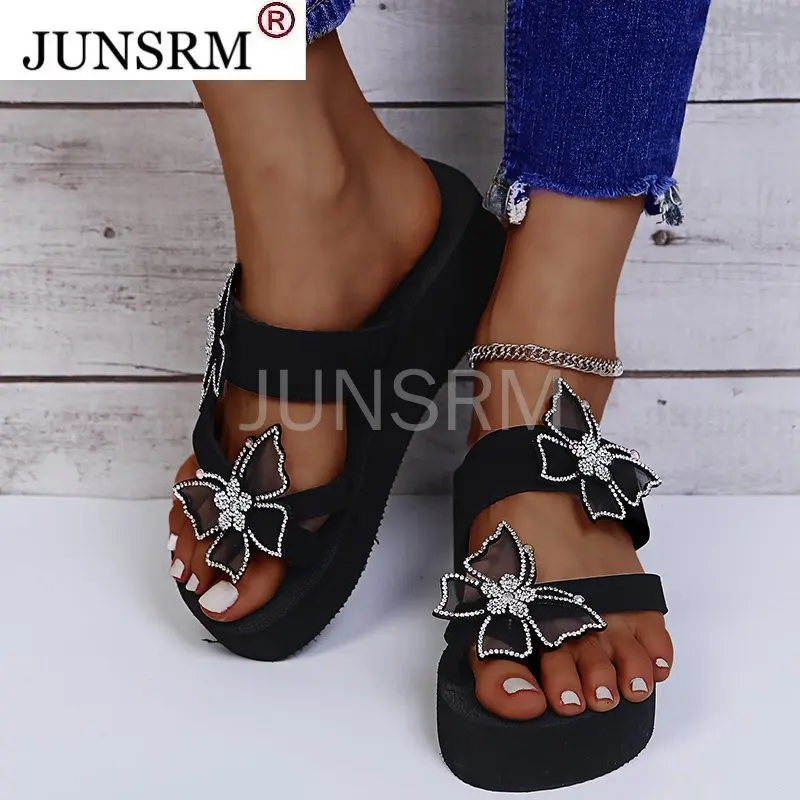 

Женские Элегантные шлепанцы на платформе, уличные сетчатые сандалии на танкетке с украшением в виде бабочки и кольцами, модная дамская обув...