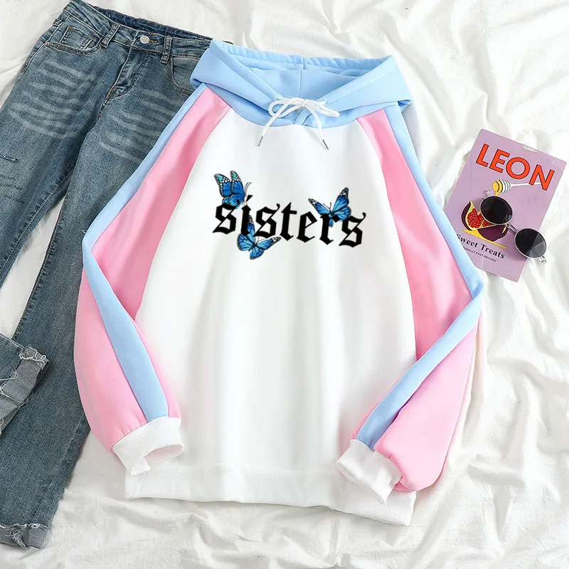 

butterfly sisters Sweatshirt Winter Personality Female Cute Hoodies Stitching Streetwear Pullovers BF Hooded Female High Quality