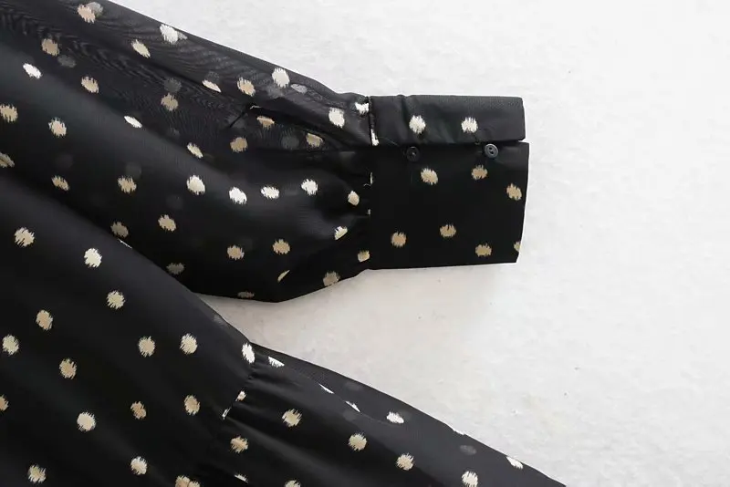 ROHOPO Round Collar Long Sleeve Polk Dot Printed Black Midi Chiffon Blouse Dress Cascading Ruffles Seashell Waist Vestido #9518 | Женская