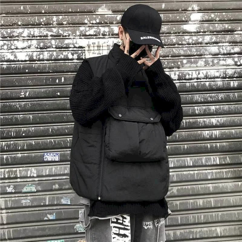 

New Winter Sleeveless Vest Men Turtleneck Solid Tops With Ziper Pockets Gothic Clothing Clothes