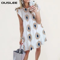 ouslee new bohemian style o neck printed dress women ruffles sleeves a line dresses casual beach party mini dress vestidos mujer