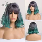 Женские короткие парики для косплея ALAN EATON, серо-зеленый волнистый парик с эффектом омбре и челкой, парики из натуральных синтетических волос, милые парики в стиле 