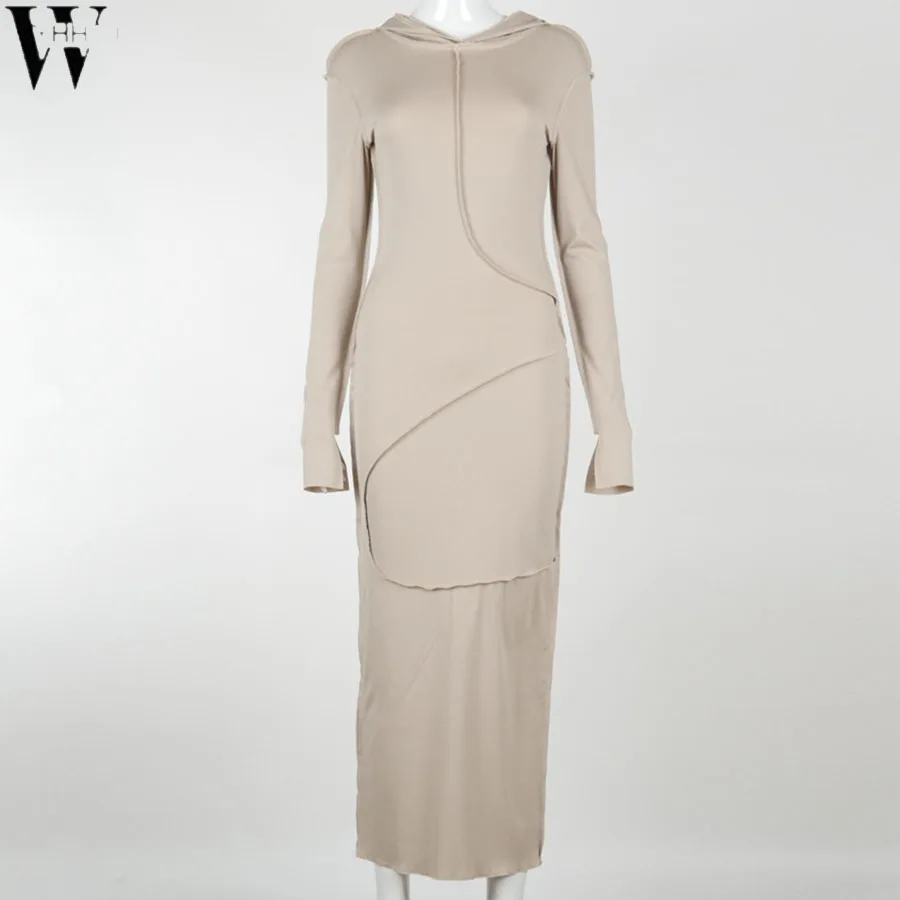 

WYHHCJ 2021 Reversible style Line Hooded Patchwork Skinny Maxi Dress Autumn Winter Women Streetwear Casual Outfits dresses Hot
