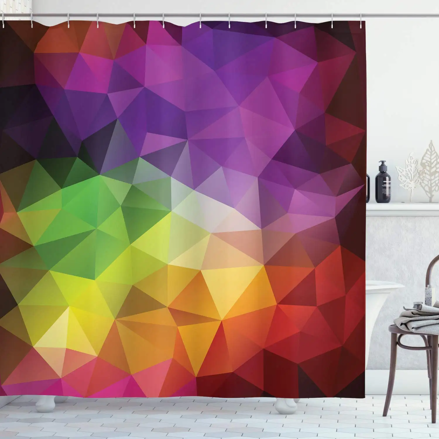 

Abstract Shower Curtain, Colorful Abstract Geometric Shapes with Triangular Polygons Creative, Cloth Fabric Bathroom Decor Set