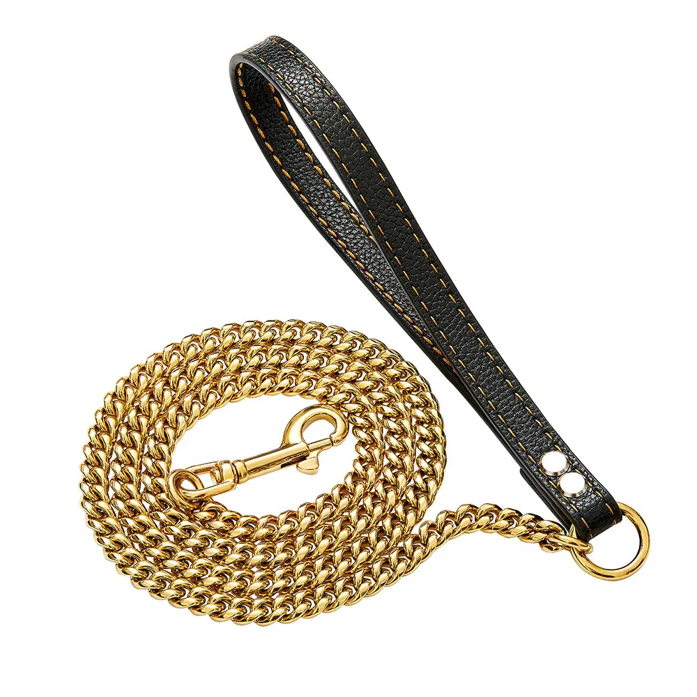 

18K Gold Plated Dog Chain Leash with Leather Handle 10MM Wide 316L Stainless Steel Collar for Husky Small Medium Large Dogs