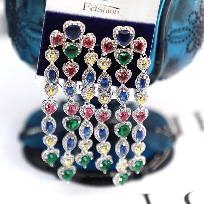 

Fashionable heavy industry micro-inlaid colorful zirconium diamond long tassel earrings 210317-36