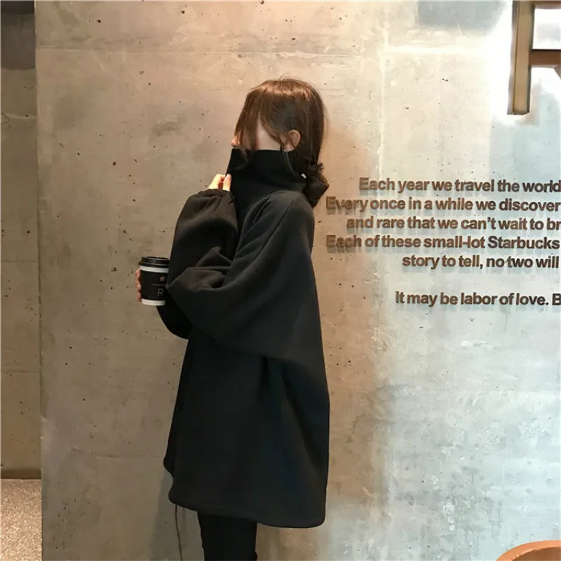 Толстовки женские водолазки в Корейском стиле хип-хоп однотонные Harajuku женские универсальные плюс бархат теплые на зиму мягкие толстовки милые