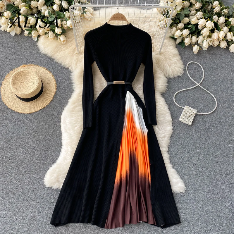 

Женское Элегантное трикотажное плиссированное платье, осенне-зимнее платье-свитер в стиле пэчворк с длинным рукавом, женское платье-трапец...