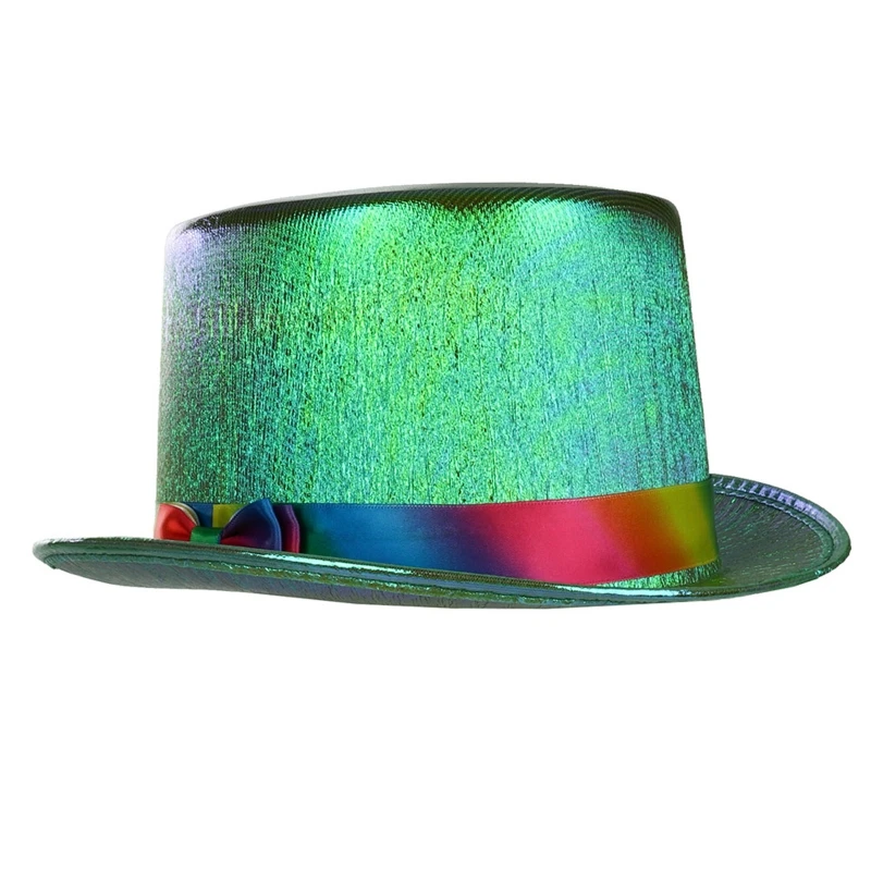 

Shiny Holographic Metallic Top Hat Rainbow Bowknot Fedora Jazz Cap Party Props