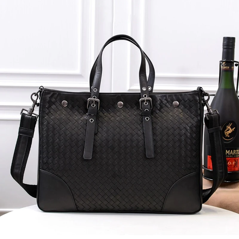 

New Fashion Men Cowskin Genuine Leather Top Handle Bags High Quality Luxury Design Business Classice Woven Handbag Crossbody Bag
