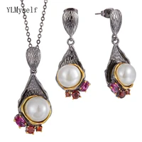 vintage luxury necklace drop earrings waterdrop pendant female red zircon jewelry sets with pearl for women