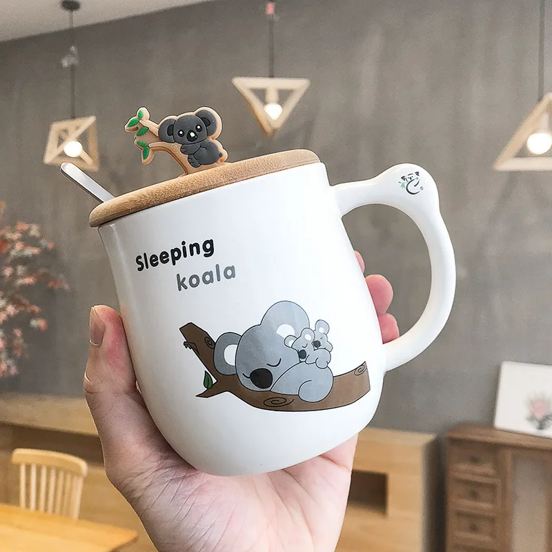 

Creative Cartoon Koala Ceramic Cup with Cover Spoon Cute Mark Cup Breakfast Milk Mugs Coffee Cups Ceramic Coffee Cup Set