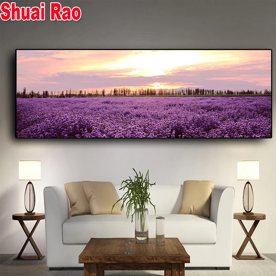 

Lavender Sunset Nordic Landscape Posters Diamond Painting Flower Mosaic Embroidery Wall Art Large Picture For New Year Gift,
