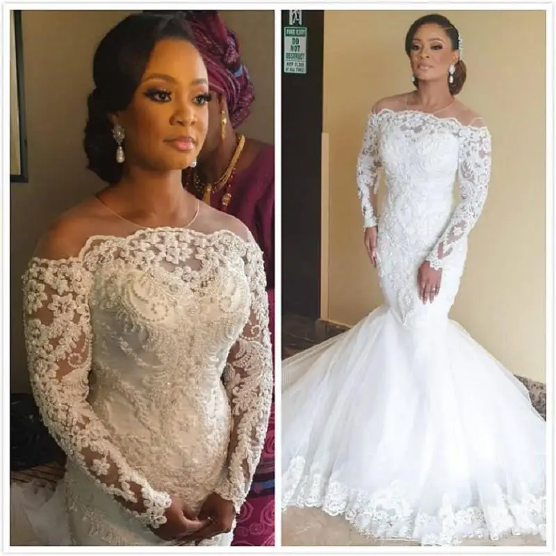 

New Arrival African Mermaid Wedding Dresses 2021 robe de mariee Long Sleeve Wedding Gowns Applique Lace Handmade Bridal Dress