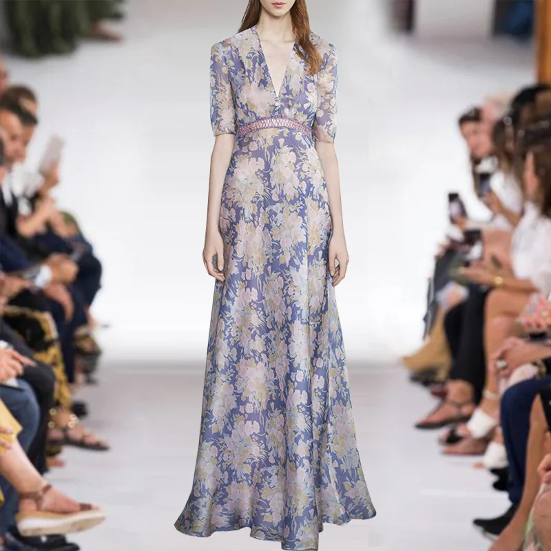 

Женское модельное винтажное платье макси, элегантное праздничное плиссированное платье с коротким рукавом и фиолетовым цветочным принтом ...