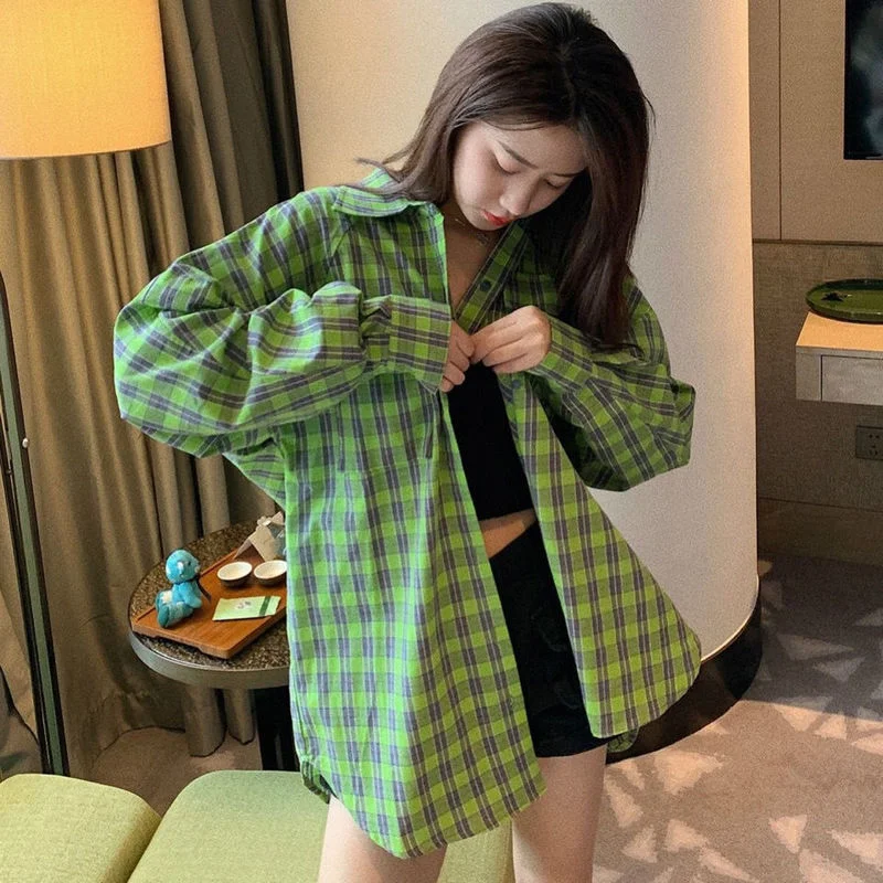 

QWEEK Plaid Shirt Women Green Top Checkered Shirt Woman Vintage Cardigan Button Up Blouses Ladies Cotton Kpop Korean Style BF