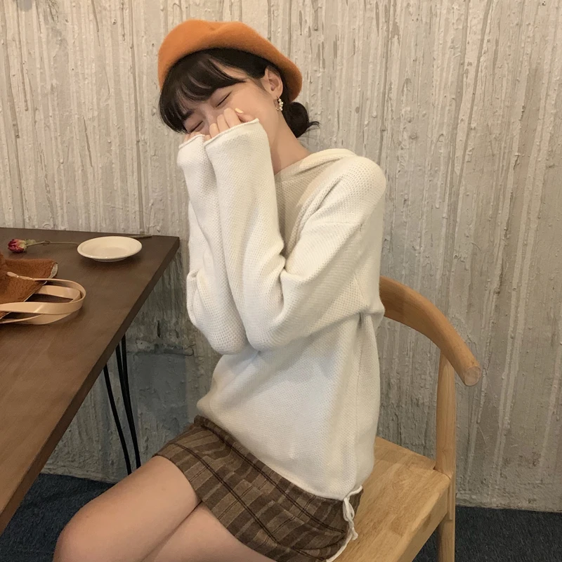 

Anglo-American yuan will qiu dong han edition languid is lazy wind knitting hooded web celebrity long-sleeved sweater female