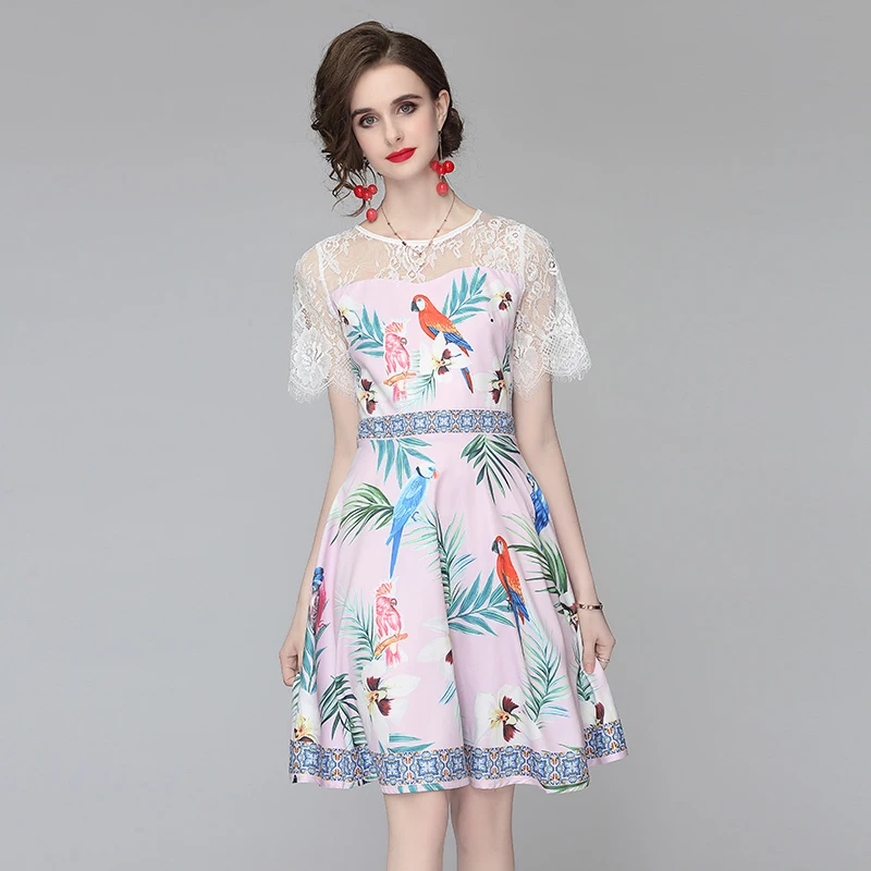 

2022 Women's Summer Prom Dress Korean Casual Style Round Neck Print Lace Stitching Dress New Waist Female Slim Dresses X202