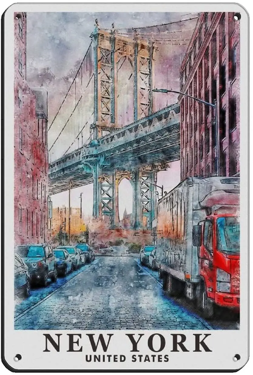 

New York Artistic Watercolor Style Retro Travel Poster Tin Sign Vintage Metal Pub Club Cafe bar Home Wall Art Decoration Retro