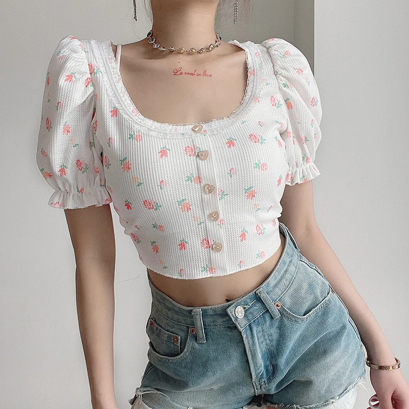 

IAMSURE Prairie Chic Lace Trim Crop Tops Women 2021 Fashion Streetwear Vintage Slim Square Collar Short Puff Sleeve Knited Tees