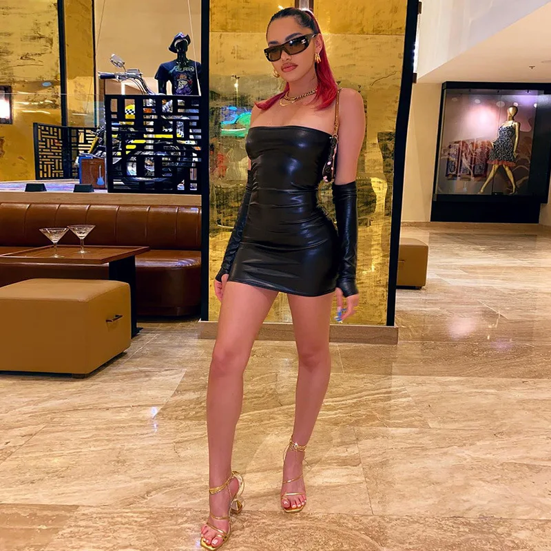

Women's Sexy Solid Color Bodycon Mini Dress Sleeveless Off Shoulder Strapless Wrapped Hip Clubwear Tube Dress with Hand Sleeve