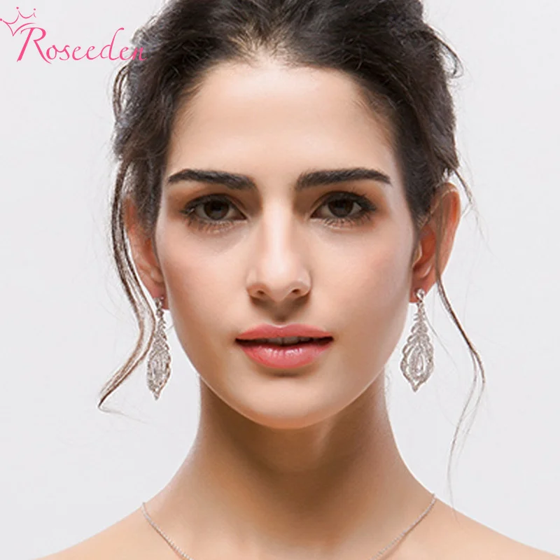 

silver Color Luxury Long Dangle Feather CZ Earrings for Women Bridal Earring Wedding Jewelry Dress RE4264