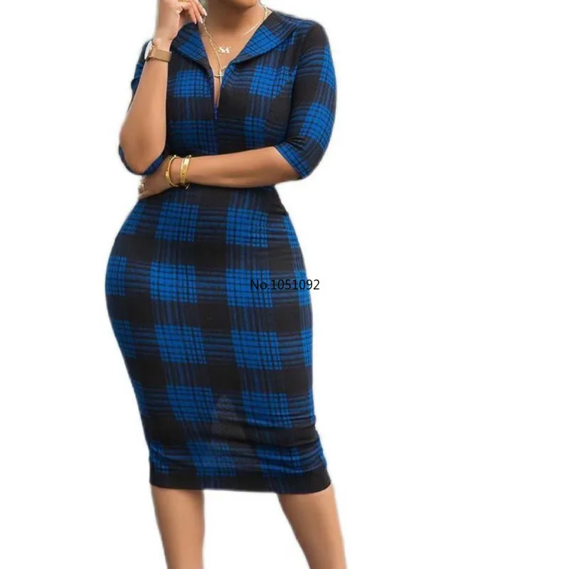 2020 синее черное клетчатое тонкое платье до колена с принтом модное уличное
