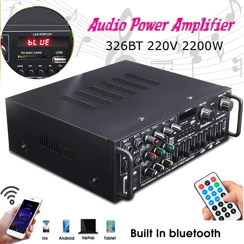 Bluetooth 2,0 канальный 2000 Вт аудио усилитель мощности HiFi 326BT 12 В/220 В AV усилитель динамик с пультом дистанционного управления для автомобиля дома