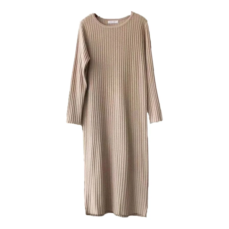 

2020 Autumn and Winter Korean Style O-neck Mid-Length Solid Mid-calf Knitted Dress Elegant Stripe Slimming Bottoming Dress 11731