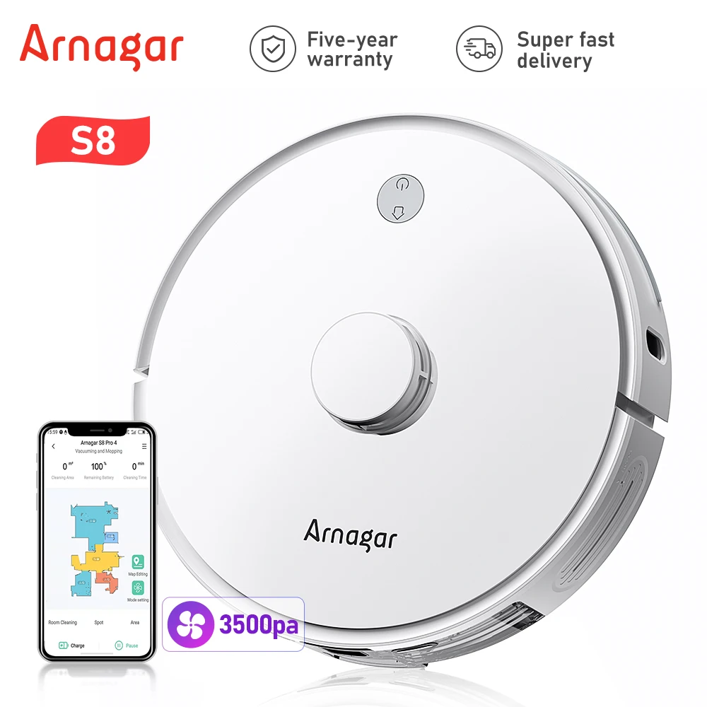

Arnagar S8 Robot Vacuum Cleaner For Home Suction Electric WaterTank Wet Mop APP Virtual Barrier Breakpoint Continuous Cleaning