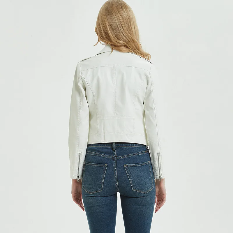 2019 Women Soft Short Motorcycle Faux Leather Jackets Ladies Long Sleeve Autumn Winter Zipper Biker Streetwear Black White Coat