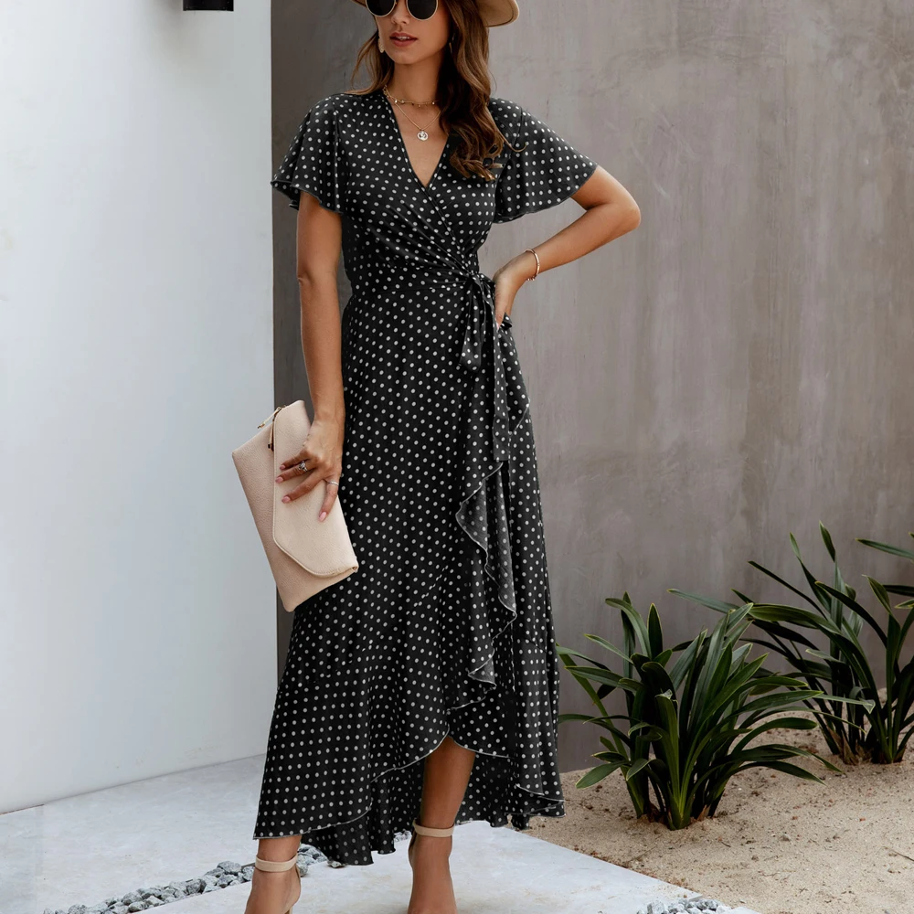 Винтажное длинное женское платье в горошек сексуальные короткие рукава с