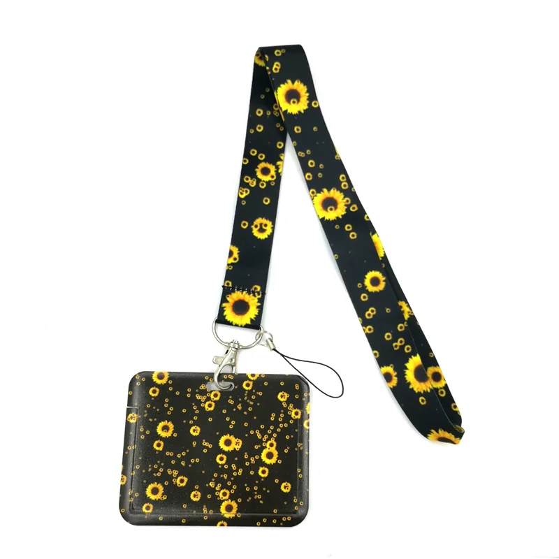 

Sunflowers Flowers Black Lanyard Credit Card ID Holder Bag Student Women Travel Card Cover Badge Car Keychain Decorations