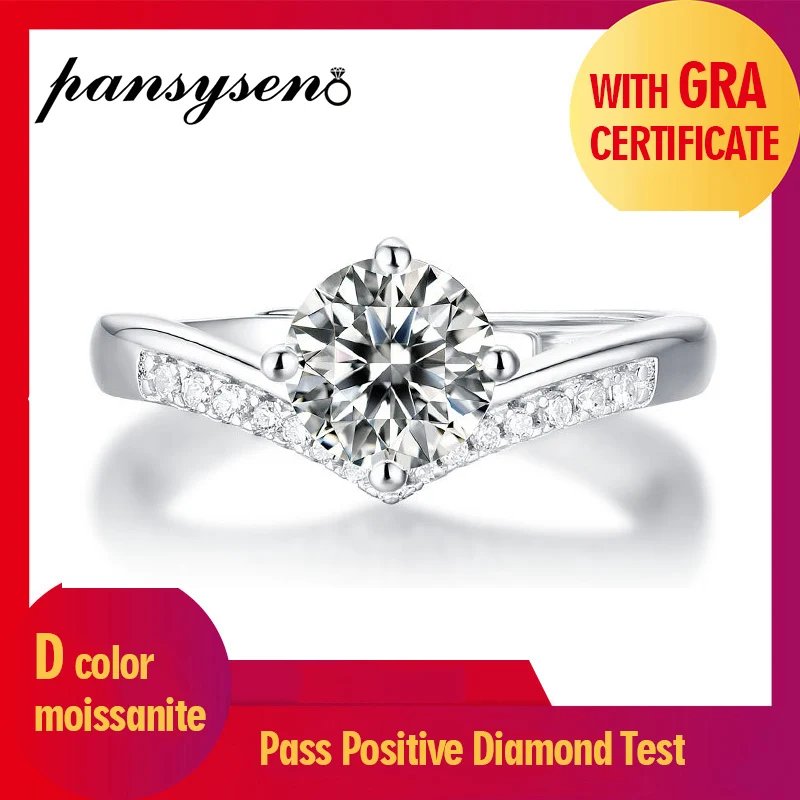 

PANSYSEN Luxury 1ct Real Moissanite Ring 100% 925 Sterling Silver Wedding Engagement Rings Fine Jewelry for Women Wholesale Gift