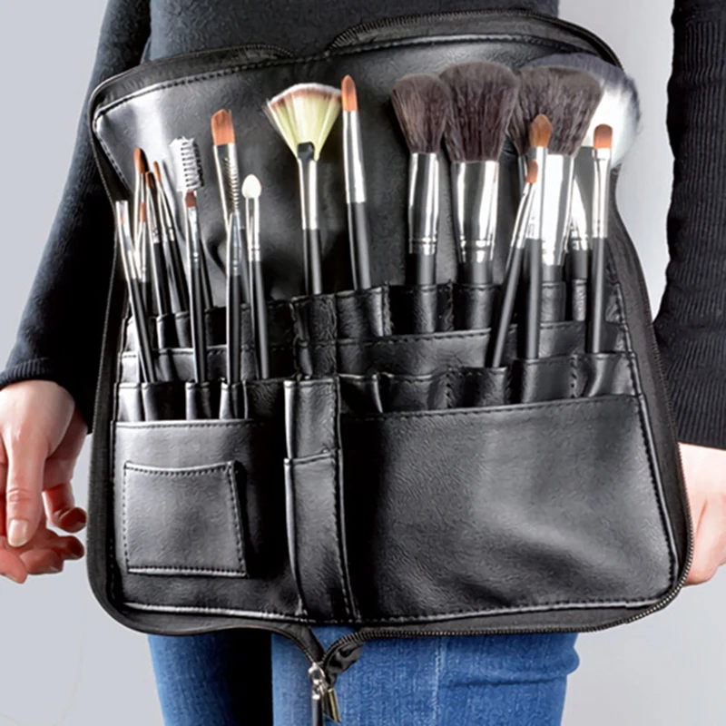 

Hot kf-Multi-Function Portable PU Cosmetic Bag Large Capacity Makeup Brush Bag with Zipper Belt for Professional Makeup Artist