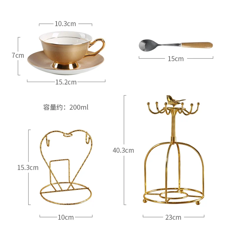 6pcs Art Luxury Bone China Coffee Cup and Saucer Set with Shelf Simple Home Golden Afternoon Tea Ceramic Mug 200ml Gift | Дом и сад